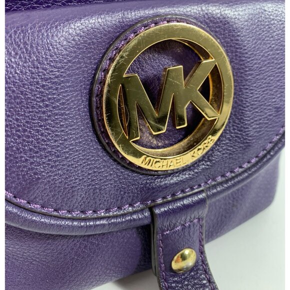 MICHAEL Michael Kors Fulton Large Purple Leather Shoulder Handbag Belted Sides - Picture 2 of 16